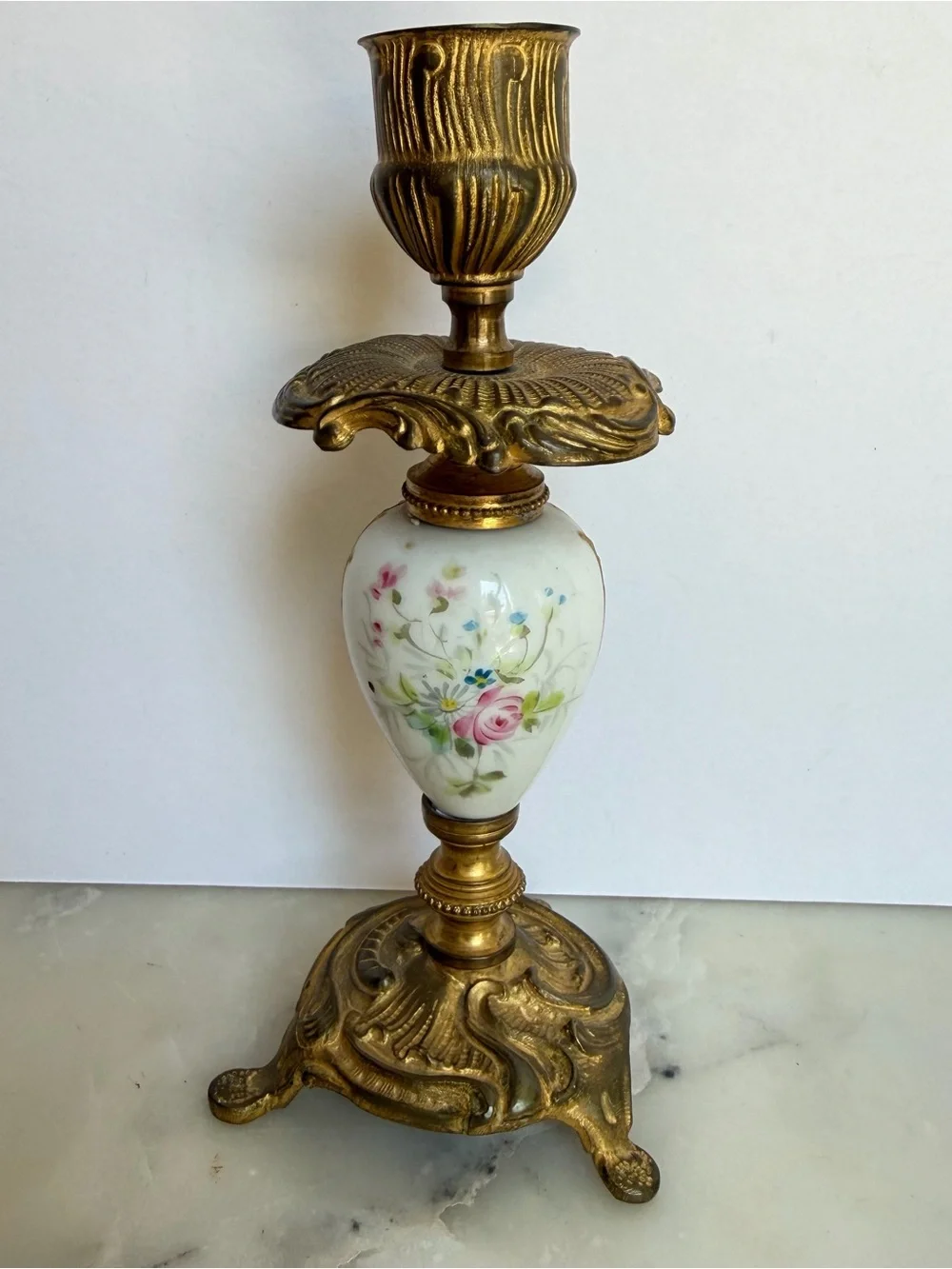 Elegant Victorian Revival Brass Candlestick with HandPainted Porcelain Medallion